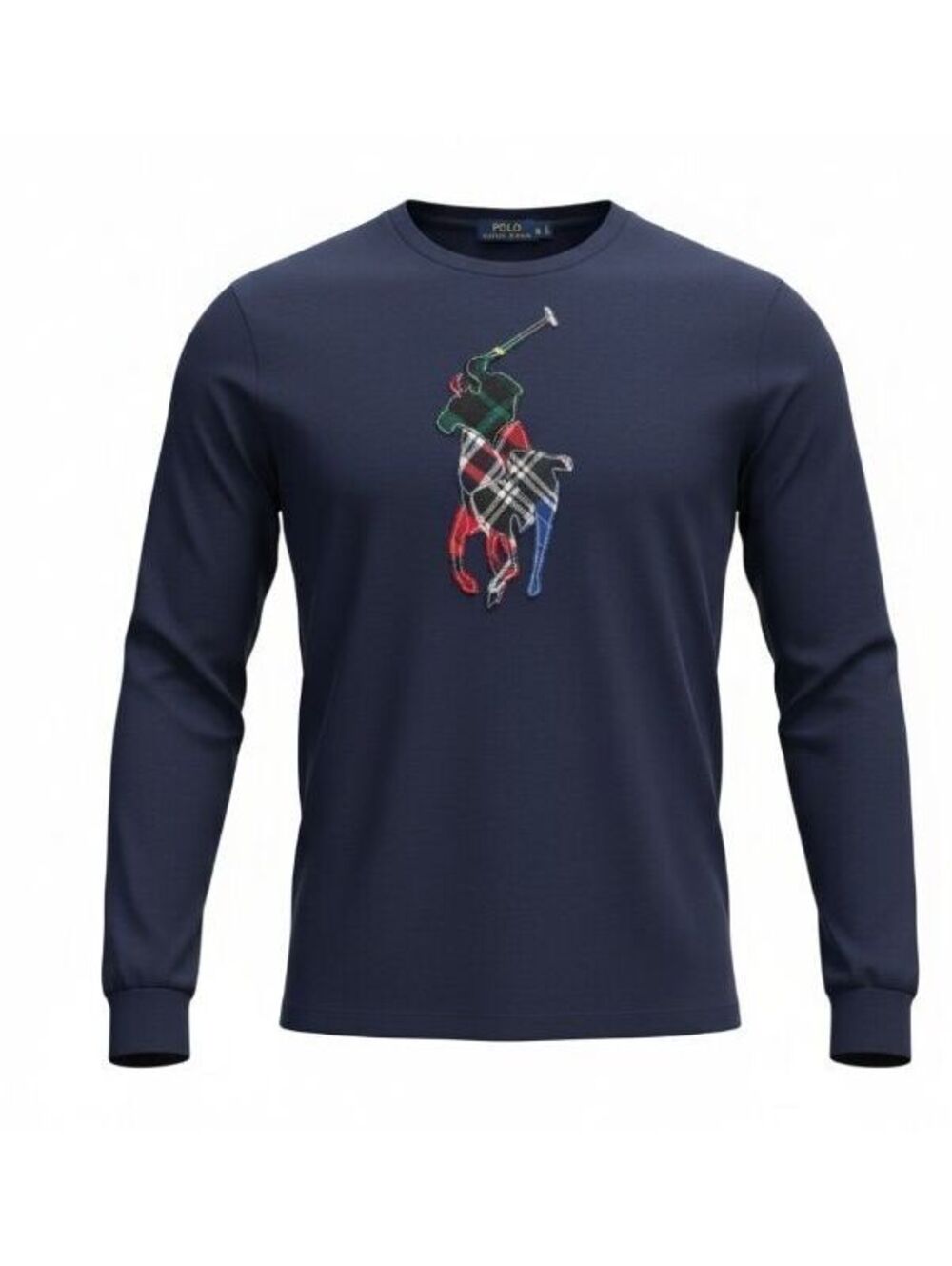 Polo Ralph Lauren Mens XL Big Pony Plaid Patchwork Long Sleeve T-Shirt Navy Blue